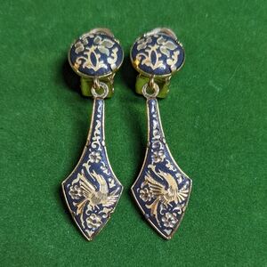 Vintage Gold Damascene Dangle Clip On Earrings Floral Bird Toledo Spain